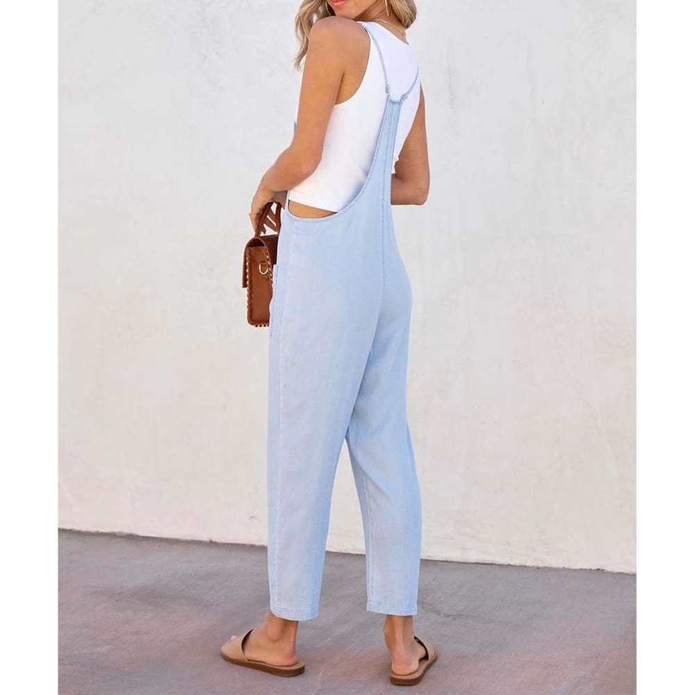 Mahnla Tencel Sky Blue Chambray Pocketed Adjustable‎ Straps Jumpsuit - Picture 3 of 7